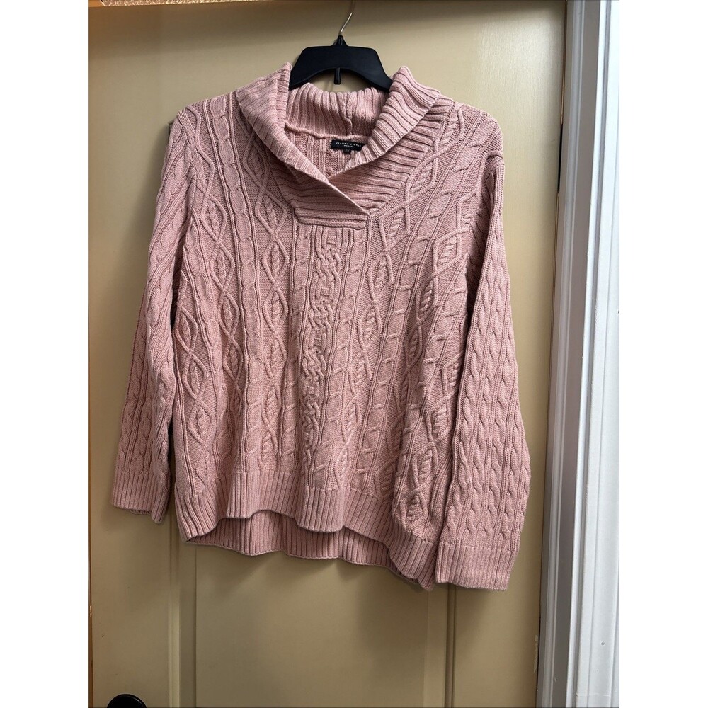 Jeanne Pierre Sweater Women 2x Pink Cable Cowl Vneck 100% cottonChest 48" Preown